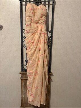 Strapless Cream Floral Prom Gown with Pink Accents